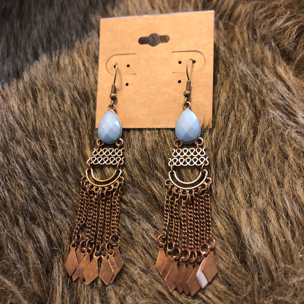 Medieval style brass turquoise fringe earrings